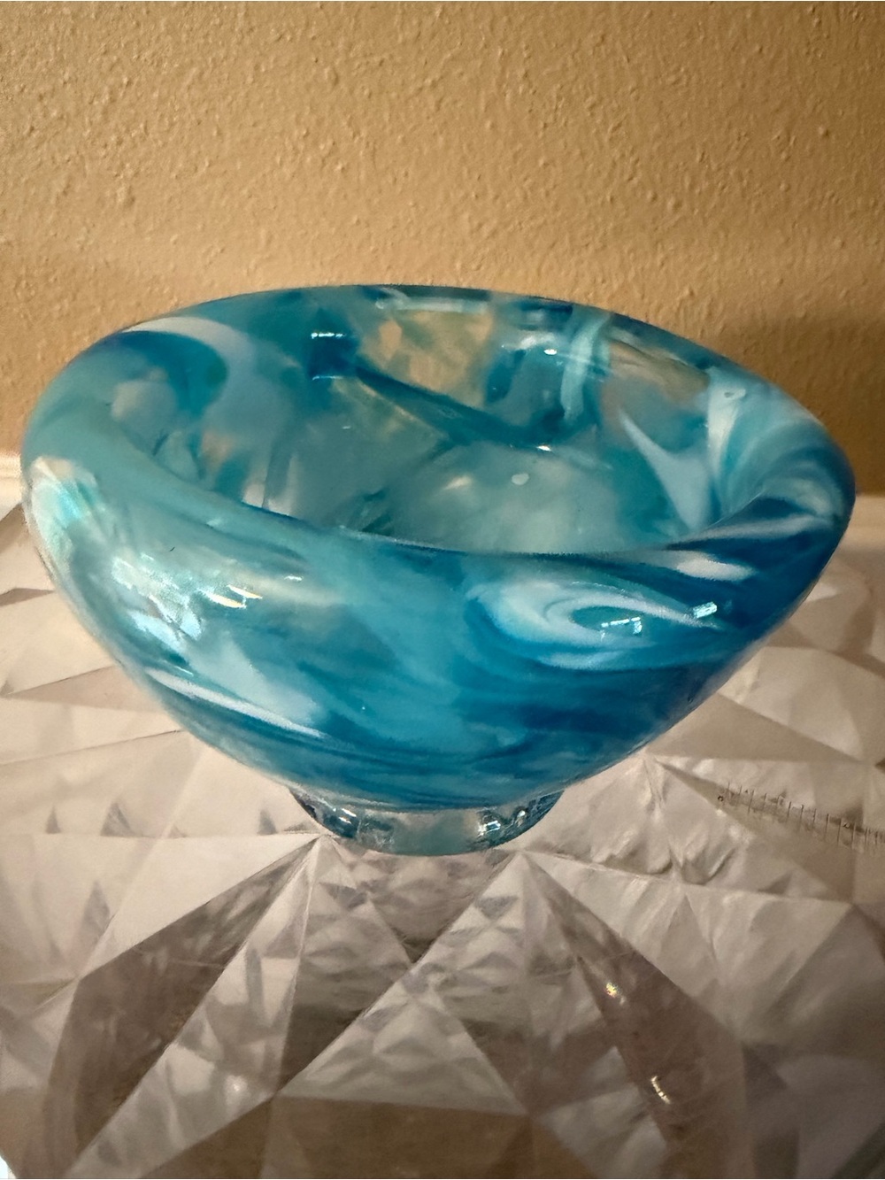 Hand Blown Thick Glass Bowl Blue and White Swirl Pattern Beautiful!